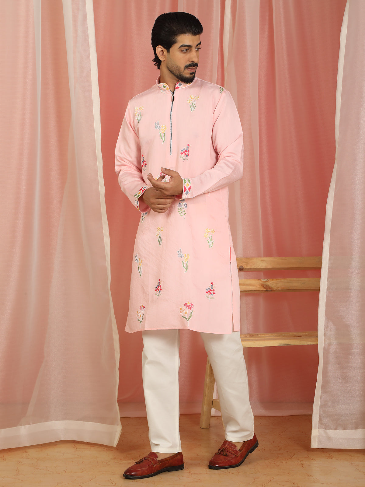 Men's Cotton Silk Floral Embroidered Zip Closure Straight Kurta with Trouser Set - Pink