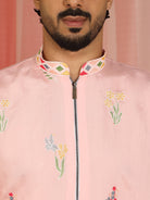 Men's Cotton Silk Floral Embroidered Zip Closure Straight Kurta with Trouser Set - Pink