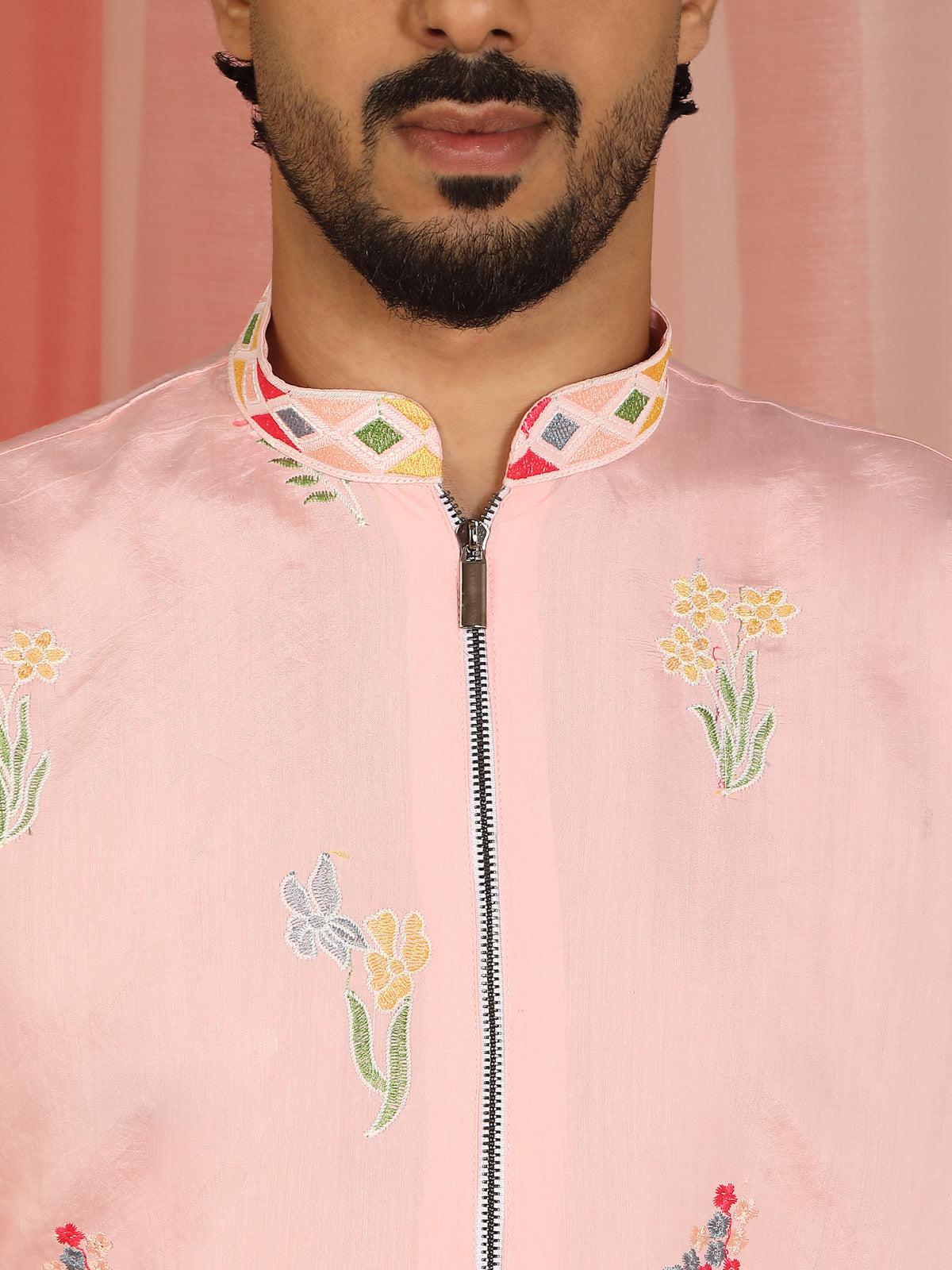Men's Cotton Silk Floral Embroidered Zip Closure Straight Kurta with Trouser Set - Pink