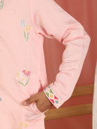 Men's Cotton Silk Floral Embroidered Zip Closure Straight Kurta with Trouser Set - Pink