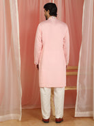 Men Cotton Silk Floral Embroidered Zip Closure Kurta - Pink