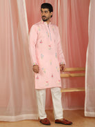 Men Cotton Silk Floral Embroidered Zip Closure Kurta - Pink