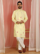 Men's Cotton Silk Floral Embroidered Zip Closure Straight Kurta with Trouser Set - Yellow
