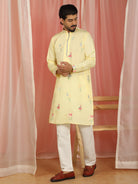 Men's Cotton Silk Floral Embroidered Zip Closure Straight Kurta with Trouser Set - Yellow