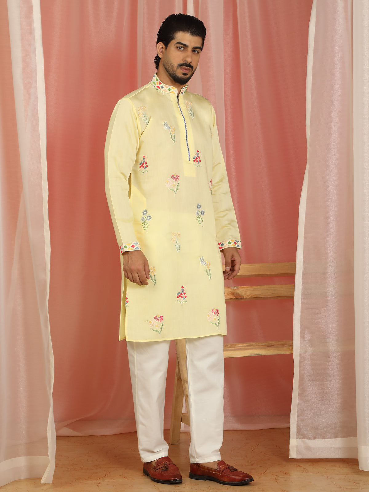 Men's Cotton Silk Floral Embroidered Zip Closure Straight Kurta with Trouser Set - Yellow
