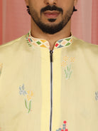 Men's Cotton Silk Floral Embroidered Zip Closure Straight Kurta with Trouser Set - Yellow
