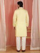 Men Cotton Silk Floral Embroidered Zip Closure Kurta - Yellow
