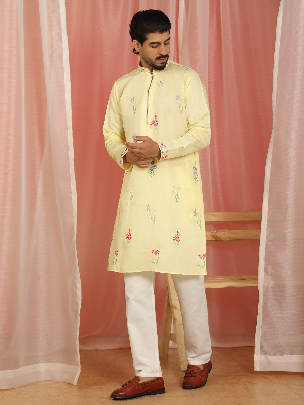 Men Cotton Silk Floral Embroidered Zip Closure Kurta - Yellow