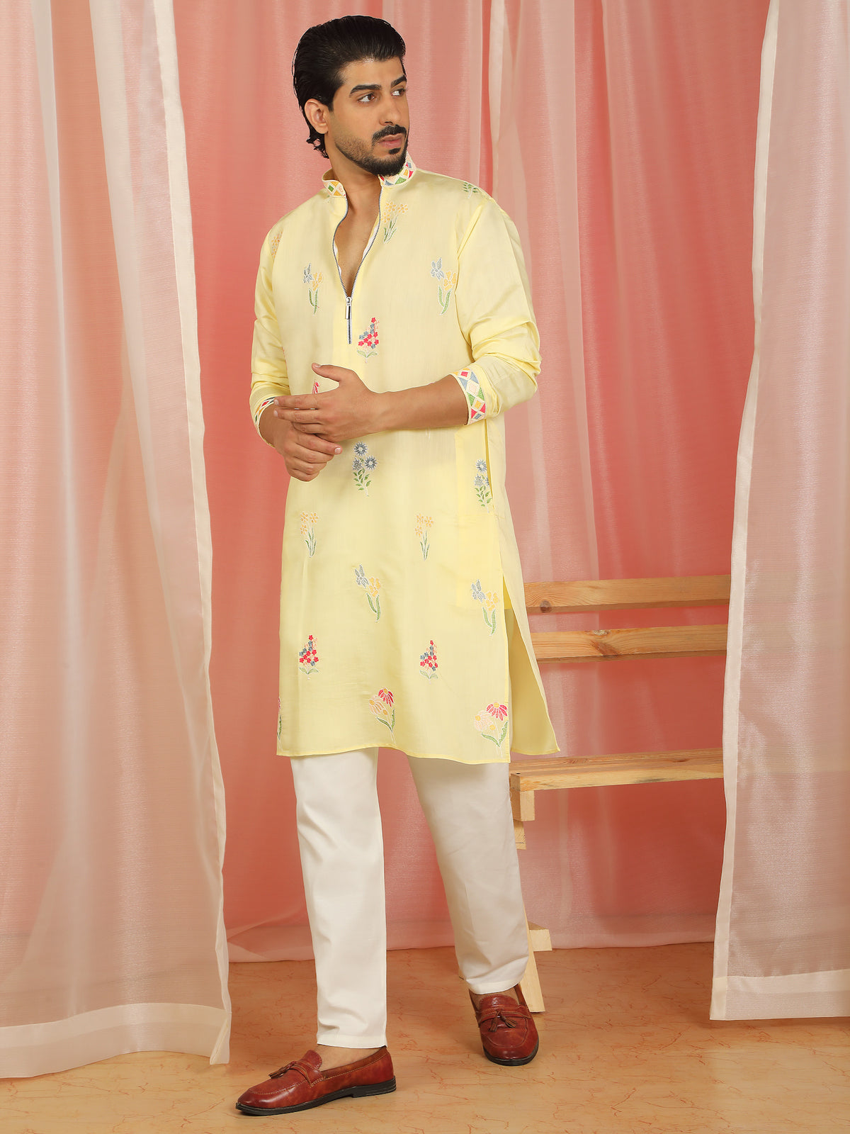 Men Cotton Silk Floral Embroidered Zip Closure Kurta - Yellow