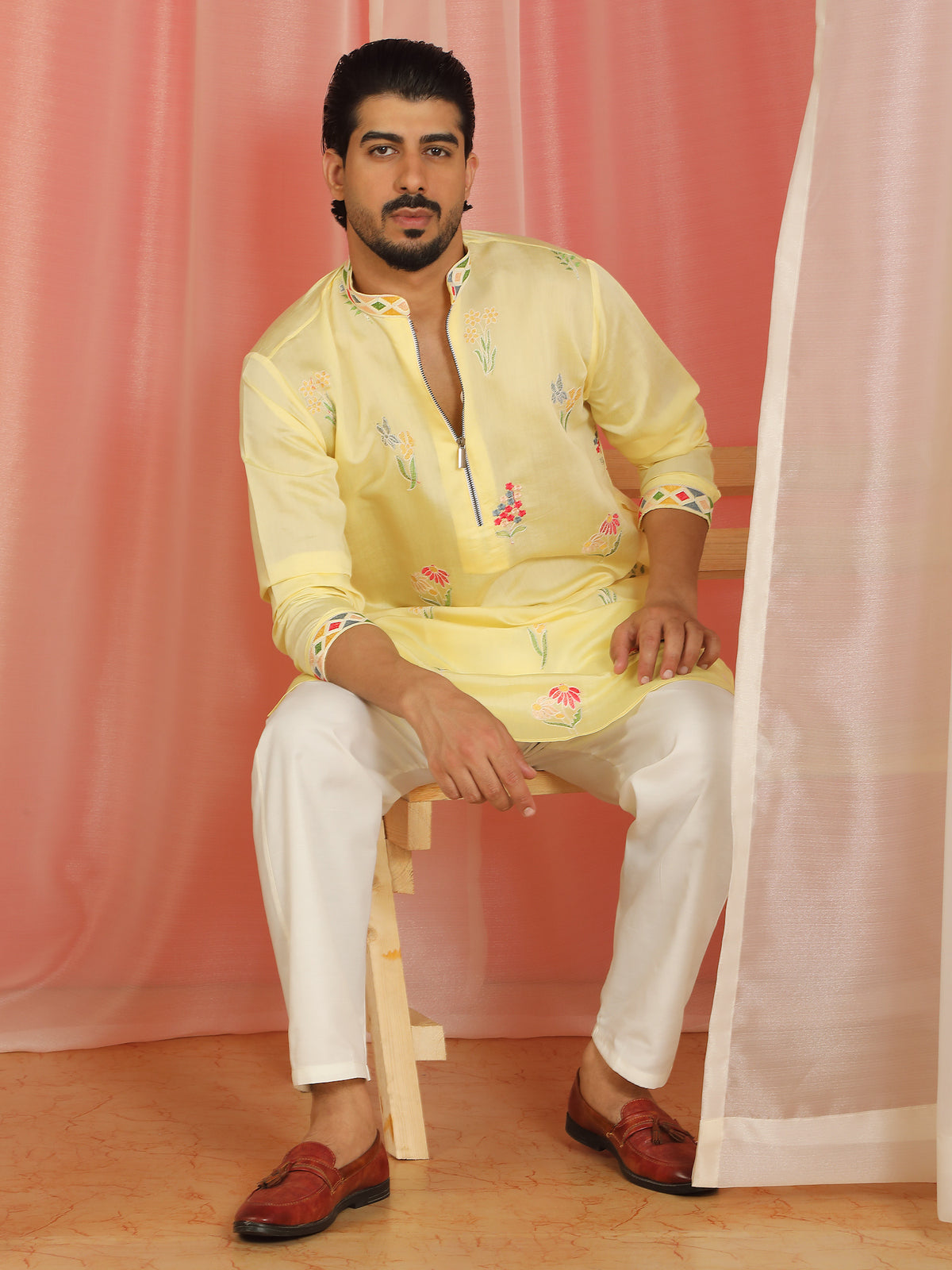 Men Cotton Silk Floral Embroidered Zip Closure Kurta - Yellow