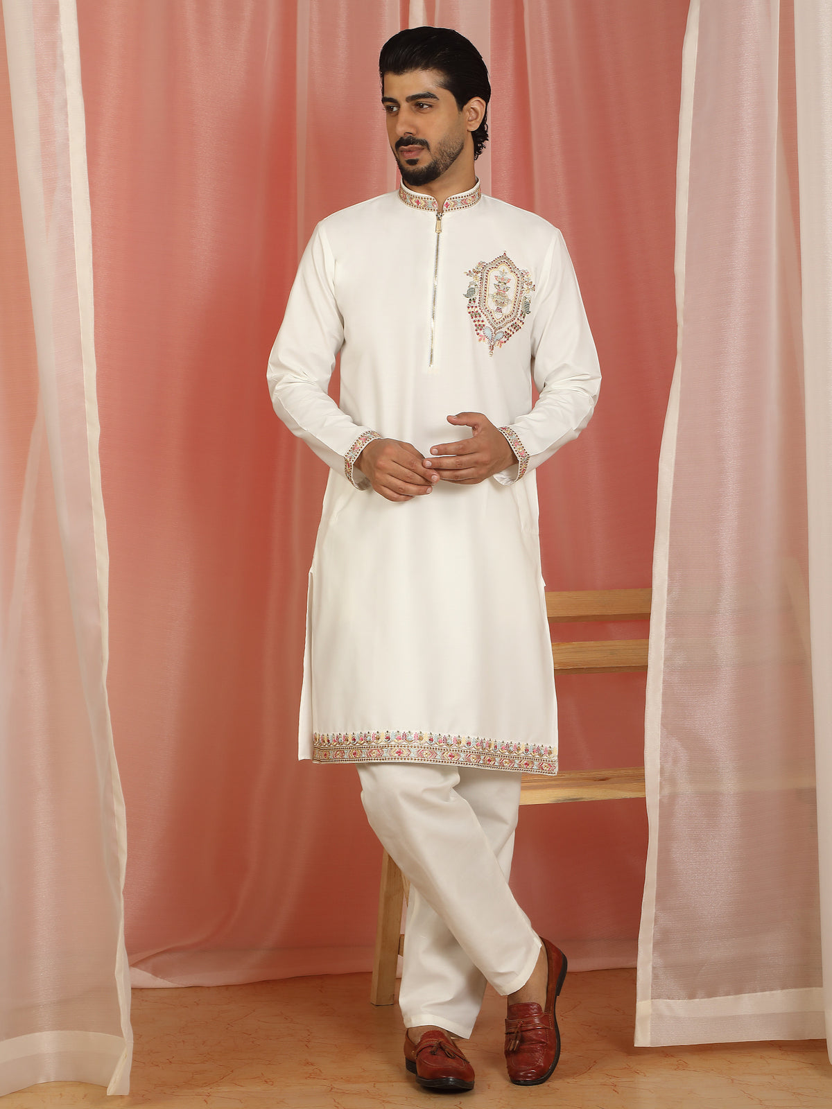 Men's Cotton Silk Ethnic Motif Multi Embroidered Zip Closure Kurta with Trouser Set - Cream