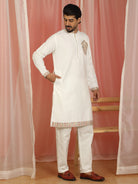 Men's Cotton Silk Ethnic Motif Multi Embroidered Zip Closure Kurta with Trouser Set - Cream