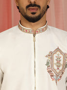 Men's Cotton Silk Ethnic Motif Multi Embroidered Zip Closure Kurta with Trouser Set - Cream