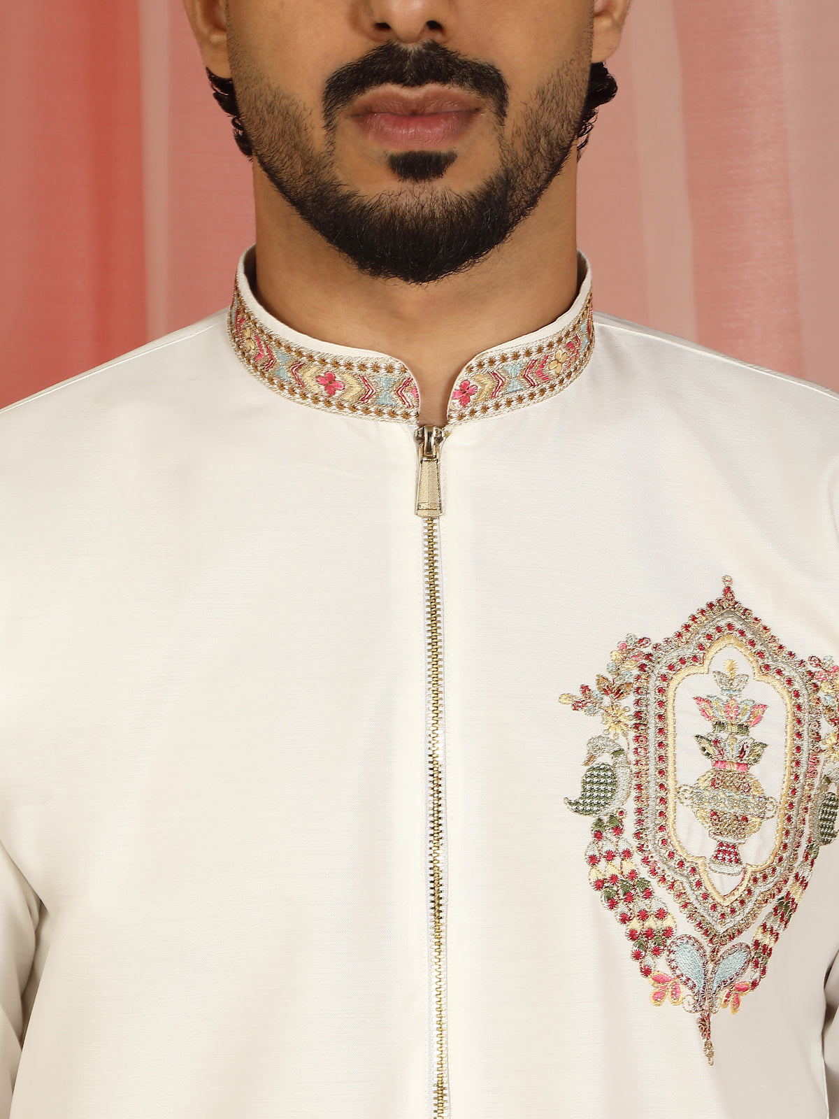 Men's Cotton Silk Ethnic Motif Multi Embroidered Zip Closure Kurta with Trouser Set - Cream