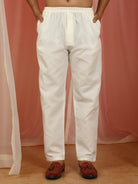 Men's Cotton Silk Ethnic Motif Multi Embroidered Zip Closure Kurta with Trouser Set - Cream
