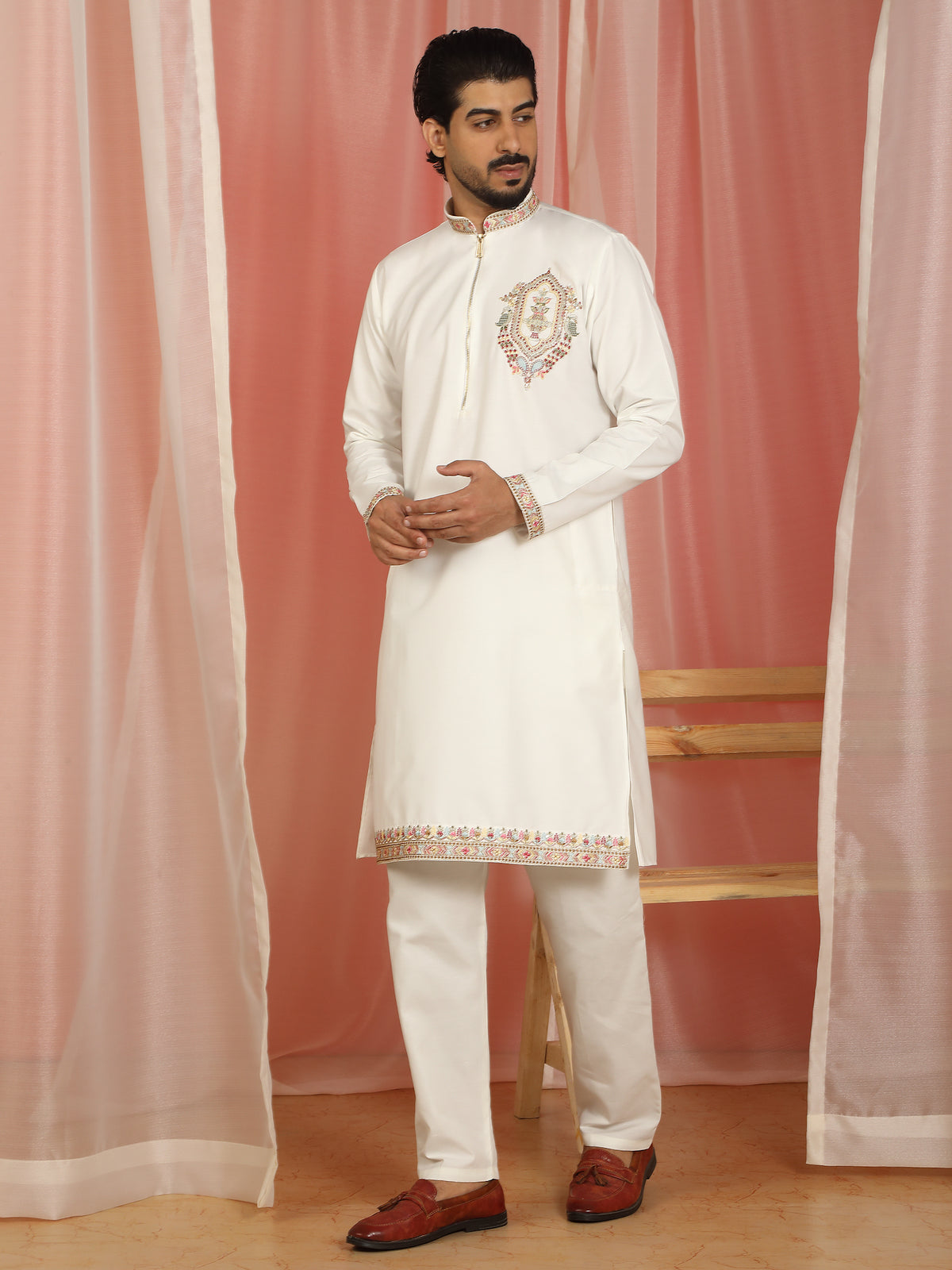 Men Cotton Silk Floral Embroidered Zip Closure Kurta - Cream