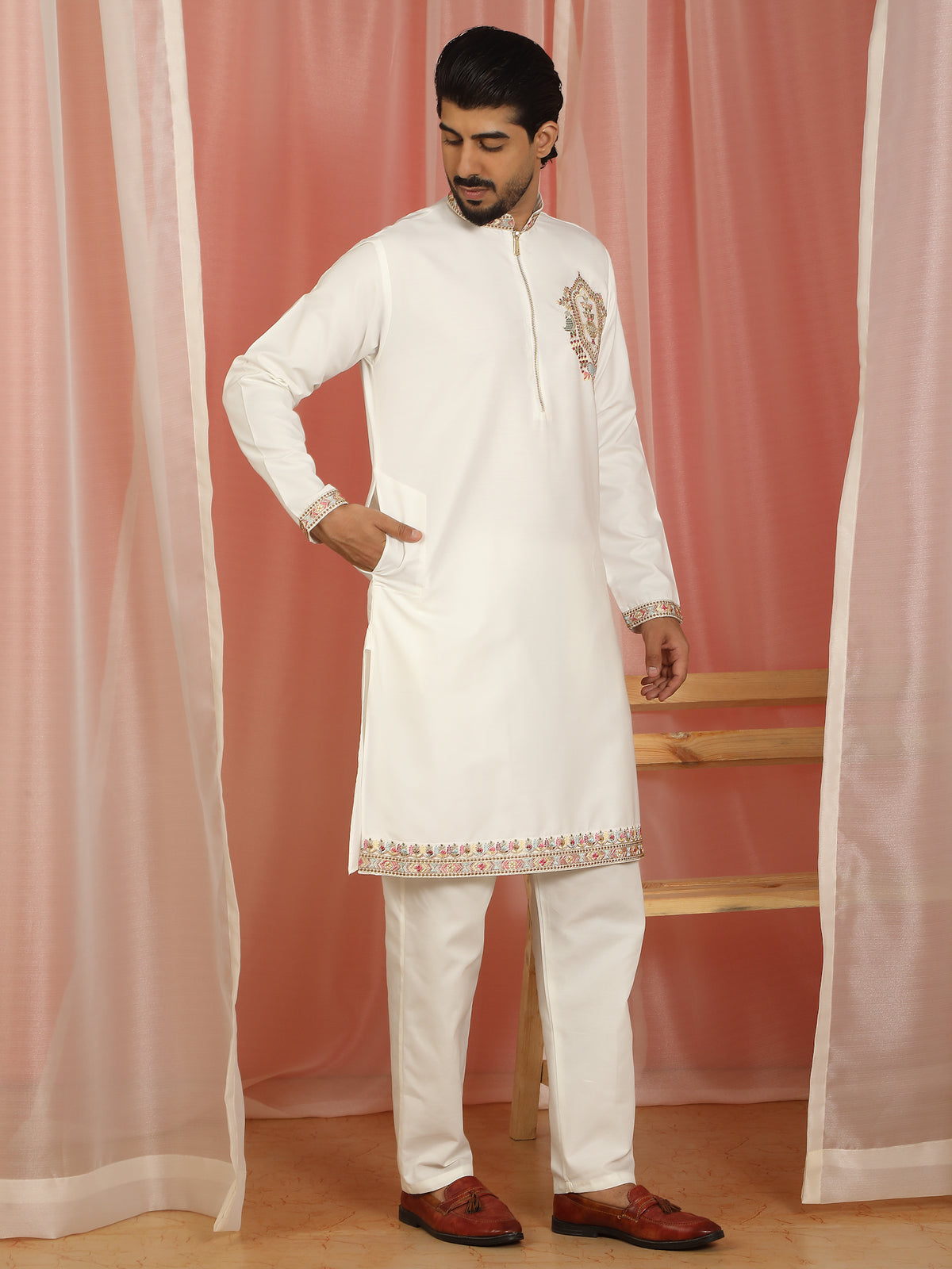 Men Cotton Silk Floral Embroidered Zip Closure Kurta - Cream