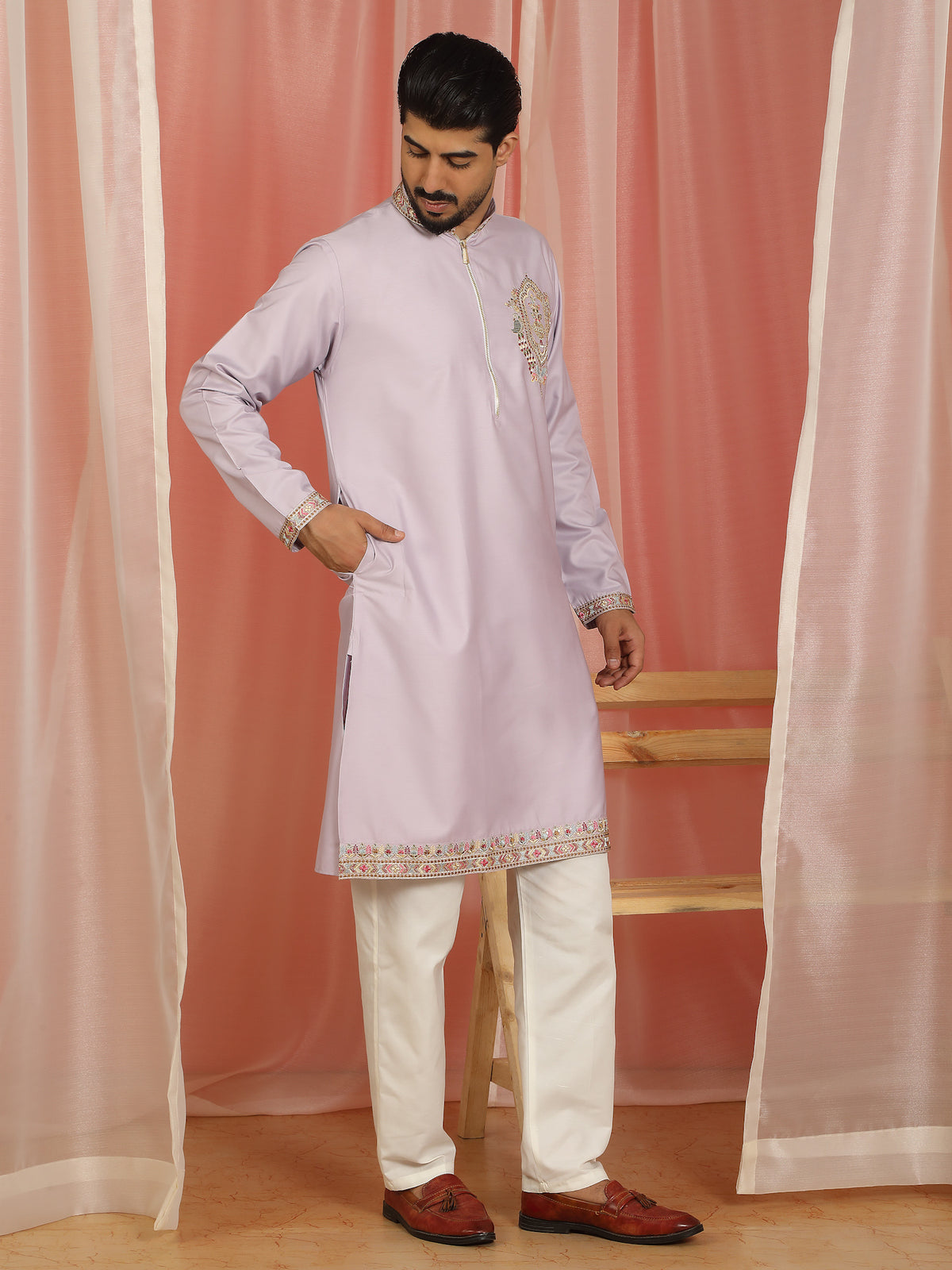 Men's Cotton Silk Ethnic Motif Multi Embroidered Zip Closure Kurta with Trouser Set - Mauve