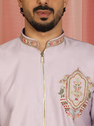Men's Cotton Silk Ethnic Motif Multi Embroidered Zip Closure Kurta with Trouser Set - Mauve