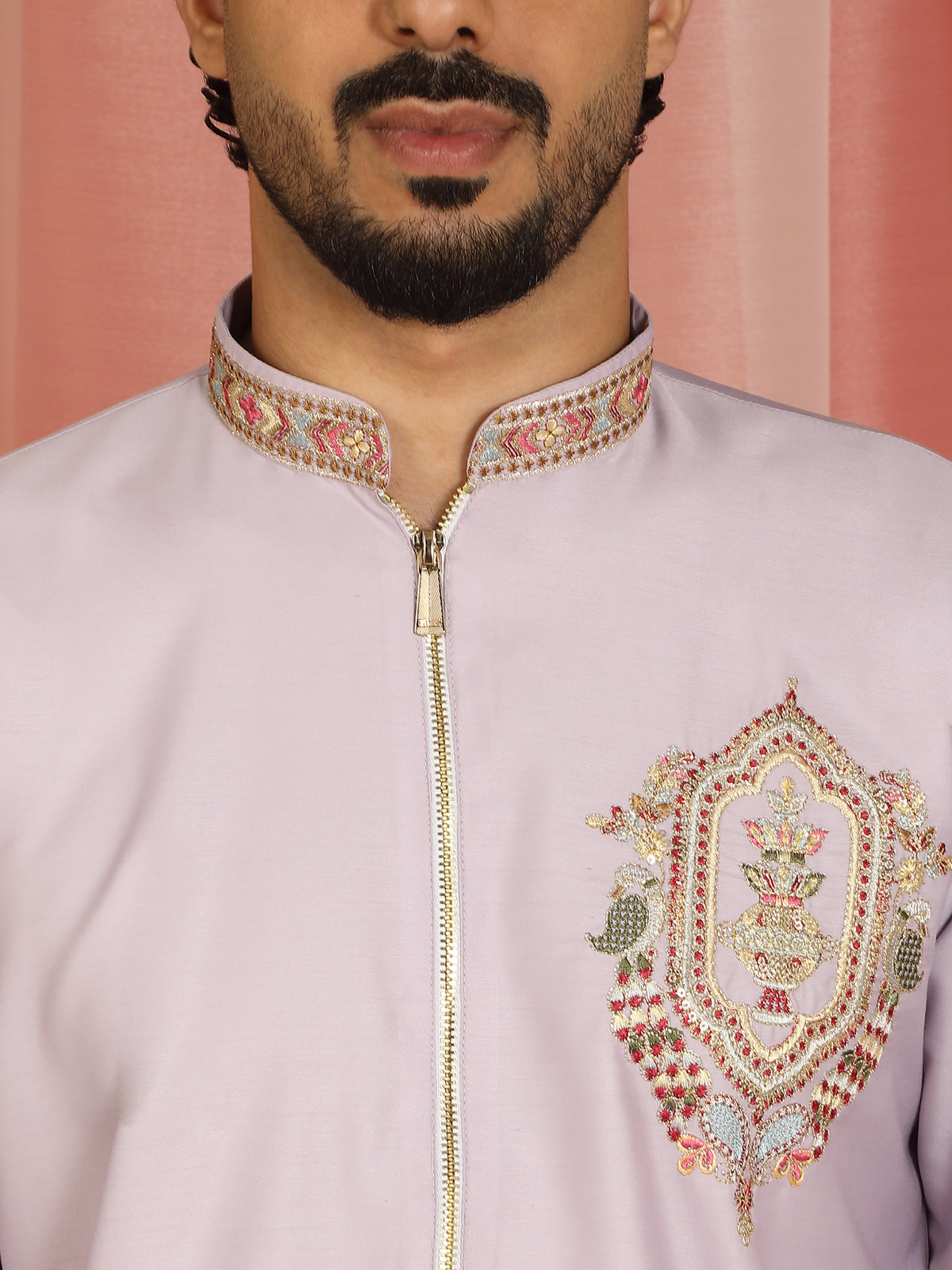 Men's Cotton Silk Ethnic Motif Multi Embroidered Zip Closure Kurta with Trouser Set - Mauve