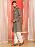 Men Cotton Silk Floral Embroidered Kurta - Brown