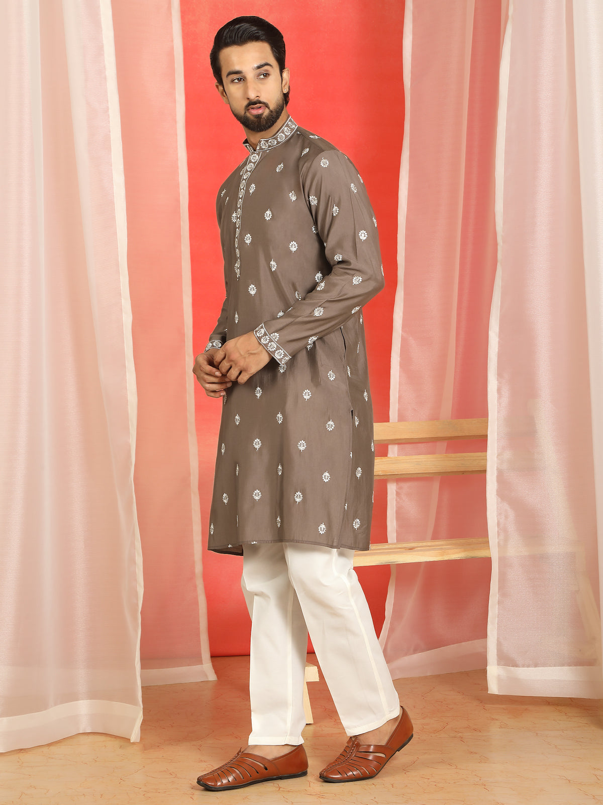 Men Cotton Silk Floral Embroidered Kurta - Brown