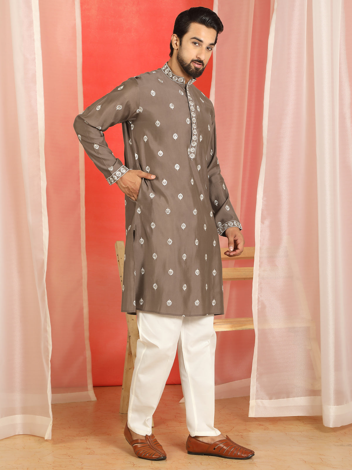 Men Cotton Silk Floral Embroidered Kurta - Brown