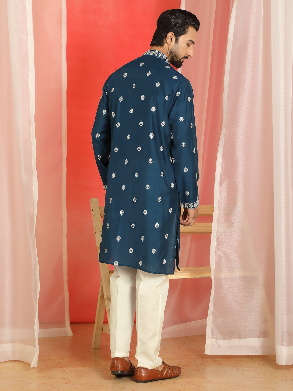Men Cotton Silk Floral Embroidered Kurta - Navy Blue