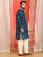Men Cotton Silk Floral Embroidered Kurta - Navy Blue