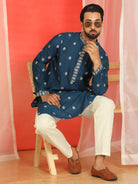 Men Cotton Silk Floral Embroidered Kurta - Navy Blue