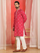 Men Cotton Silk Floral Embroidered Kurta - Fuchsia