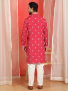 Men Cotton Silk Floral Embroidered Kurta - Fuchsia