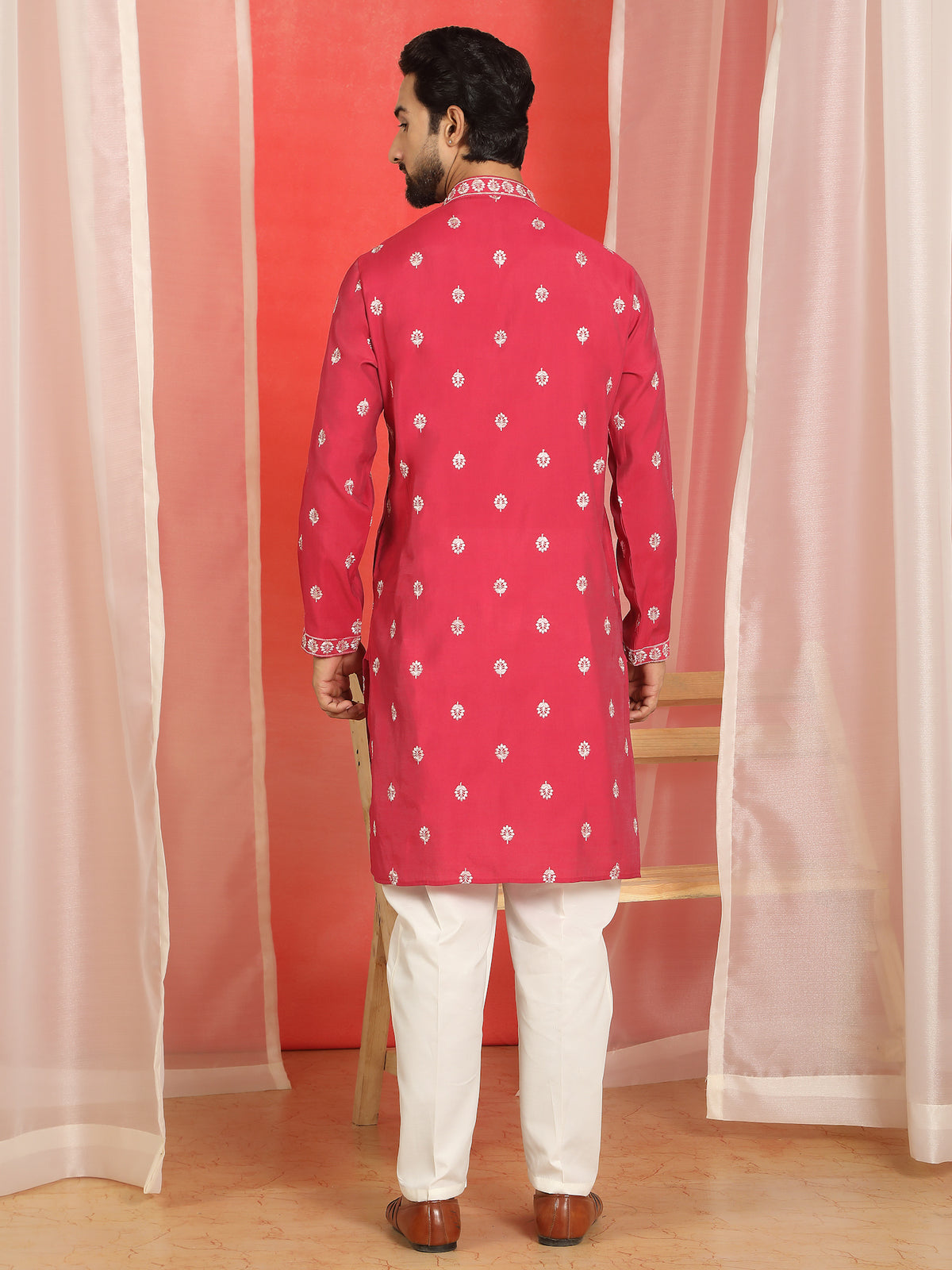 Men Cotton Silk Floral Embroidered Kurta - Fuchsia