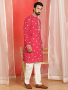 Men Cotton Silk Floral Embroidered Kurta - Fuchsia