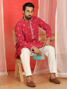 Men Cotton Silk Floral Embroidered Kurta - Fuchsia