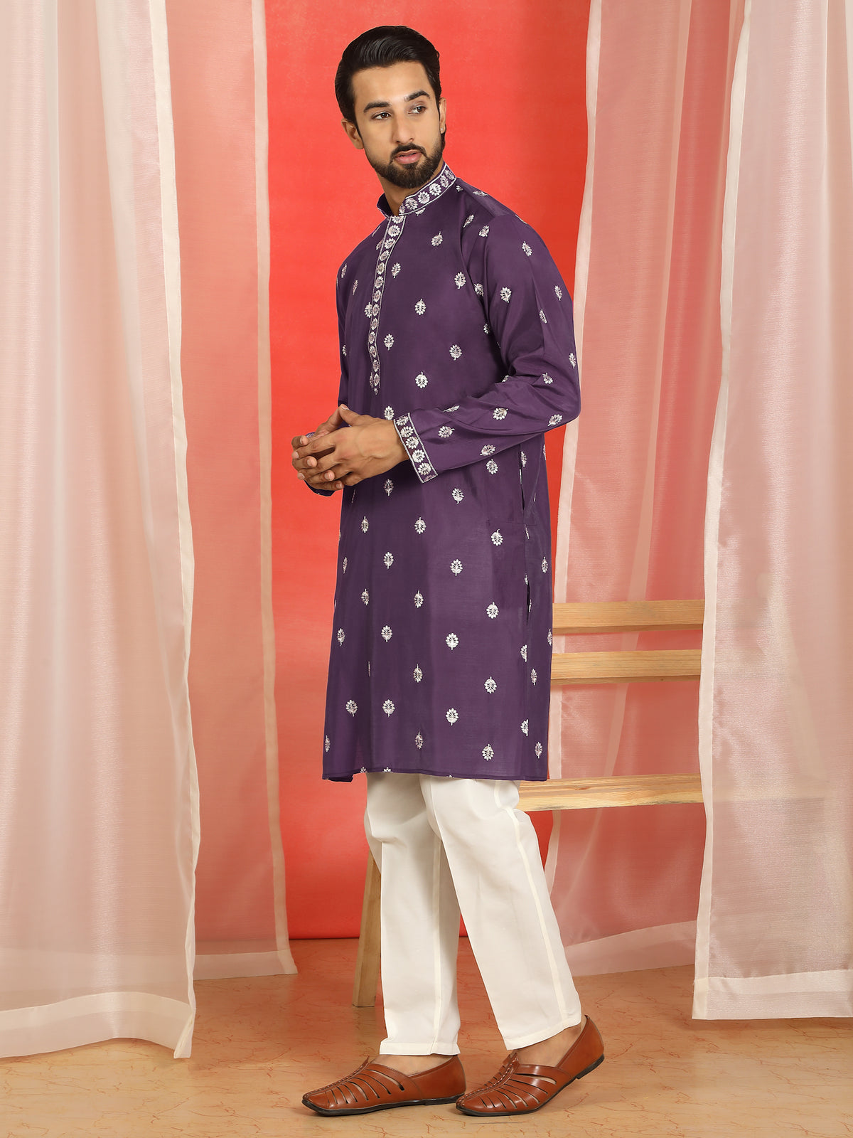 Men Cotton Silk Floral Embroidered Kurta - Purple
