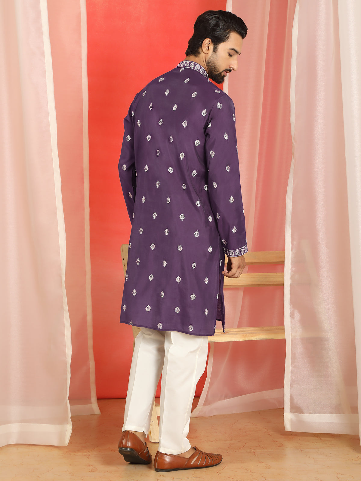 Men Cotton Silk Floral Embroidered Kurta - Purple