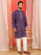 Men Cotton Silk Floral Embroidered Kurta - Purple