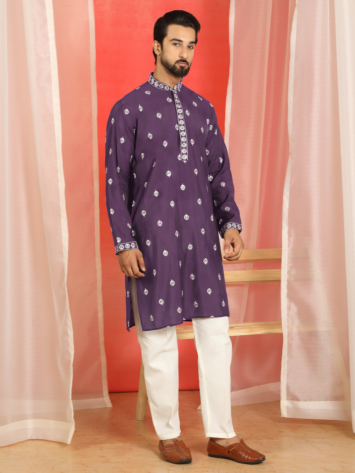 Men Cotton Silk Floral Embroidered Kurta - Purple
