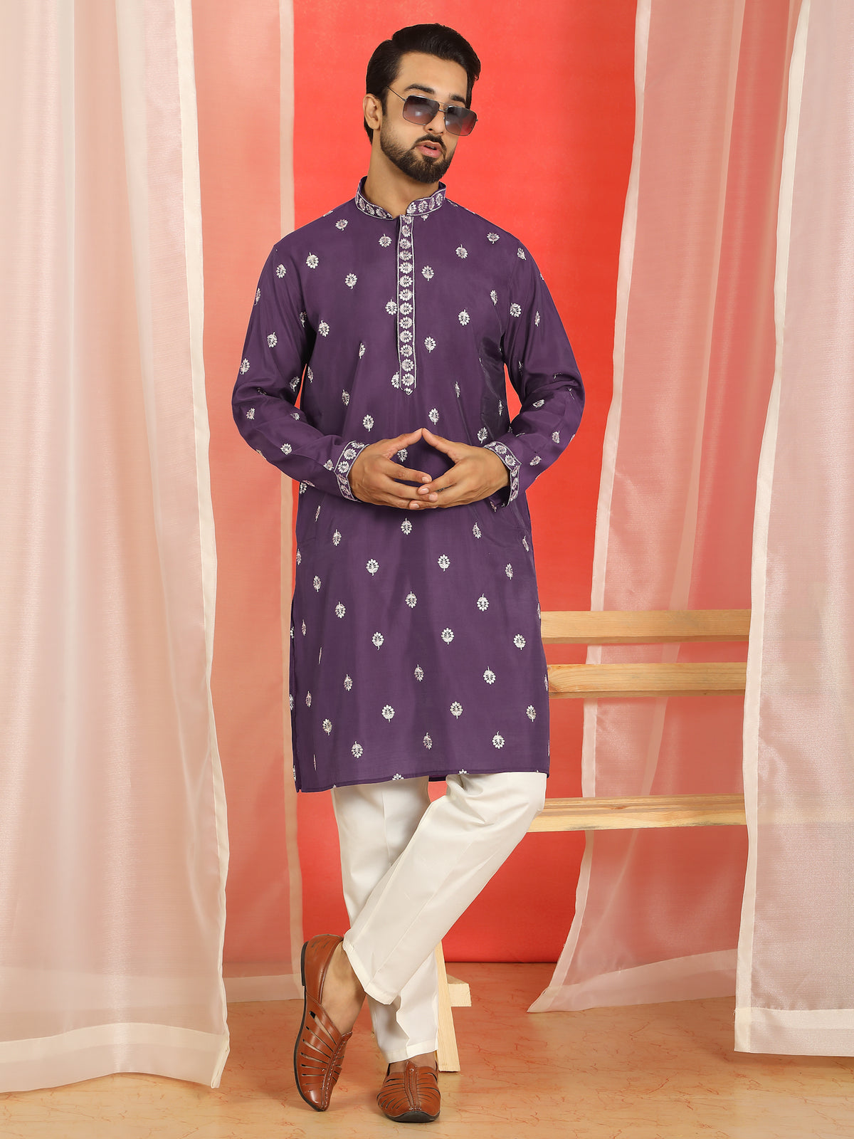 Men Cotton Silk Floral Embroidered Kurta - Purple
