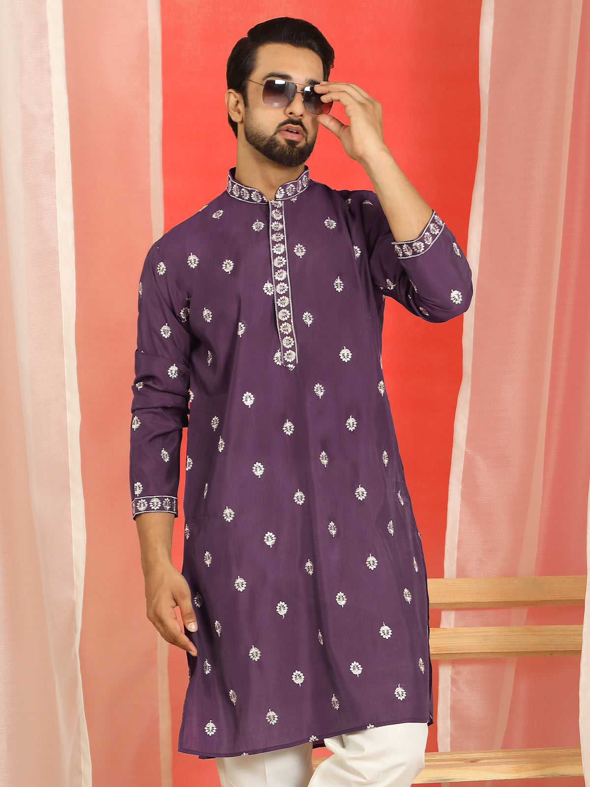 Men Cotton Silk Floral Embroidered Kurta - Purple