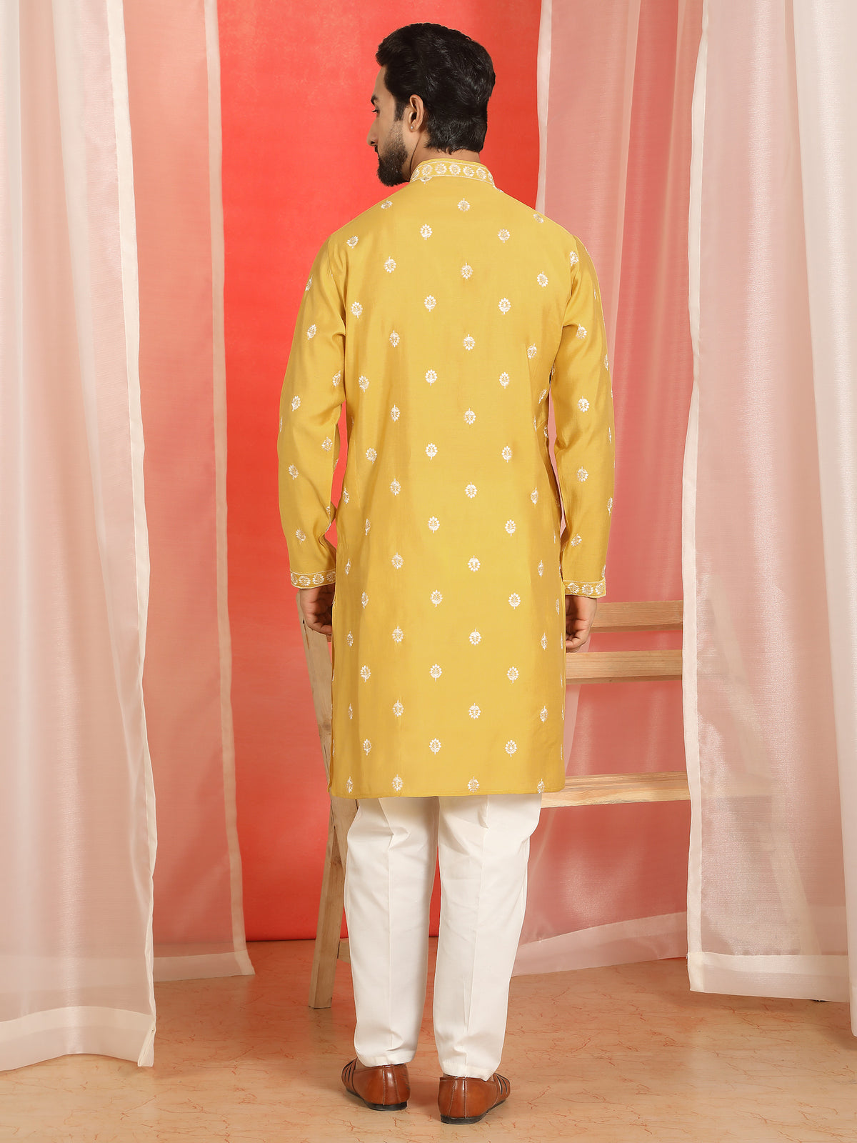 Men Cotton Silk Floral Embroidered Kurta - Yellow