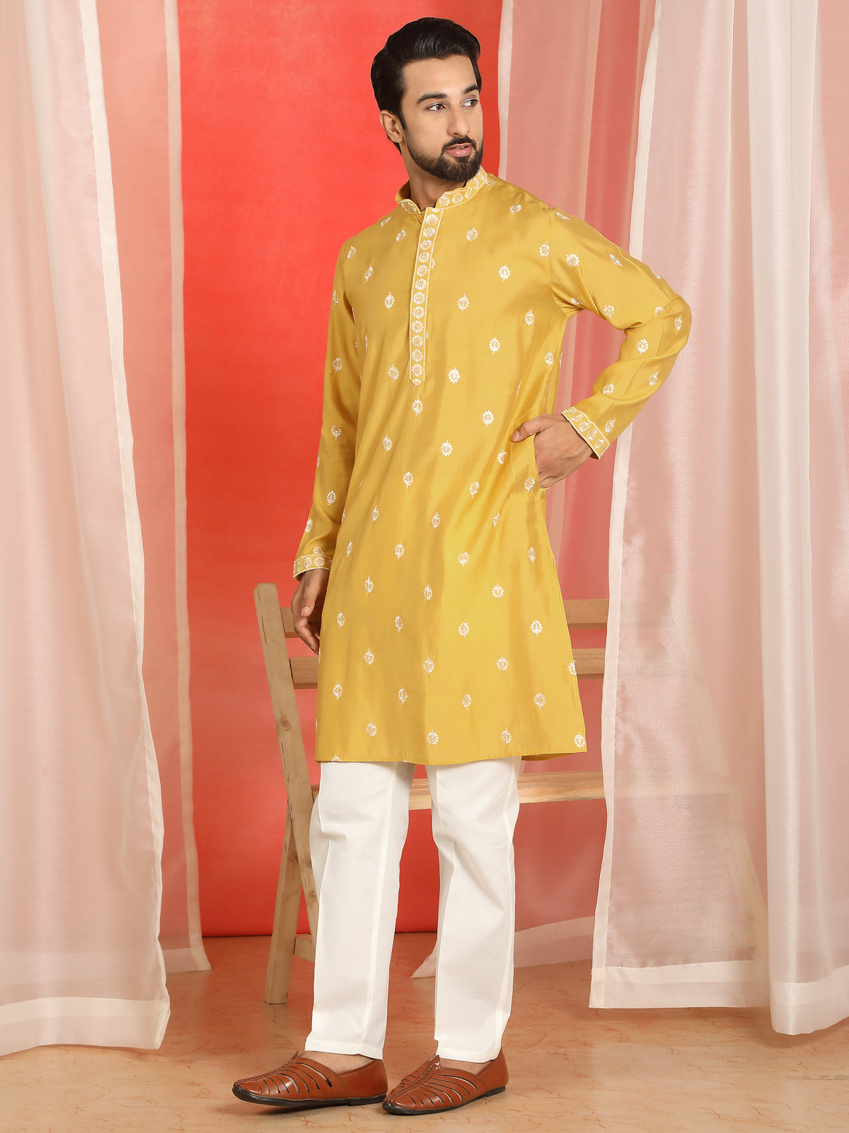 Men Cotton Silk Floral Embroidered Kurta - Yellow