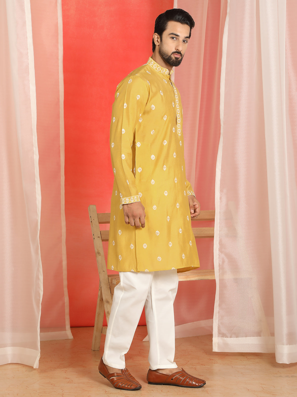 Men Cotton Silk Floral Embroidered Kurta - Yellow