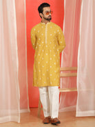 Men Cotton Silk Floral Embroidered Kurta - Yellow