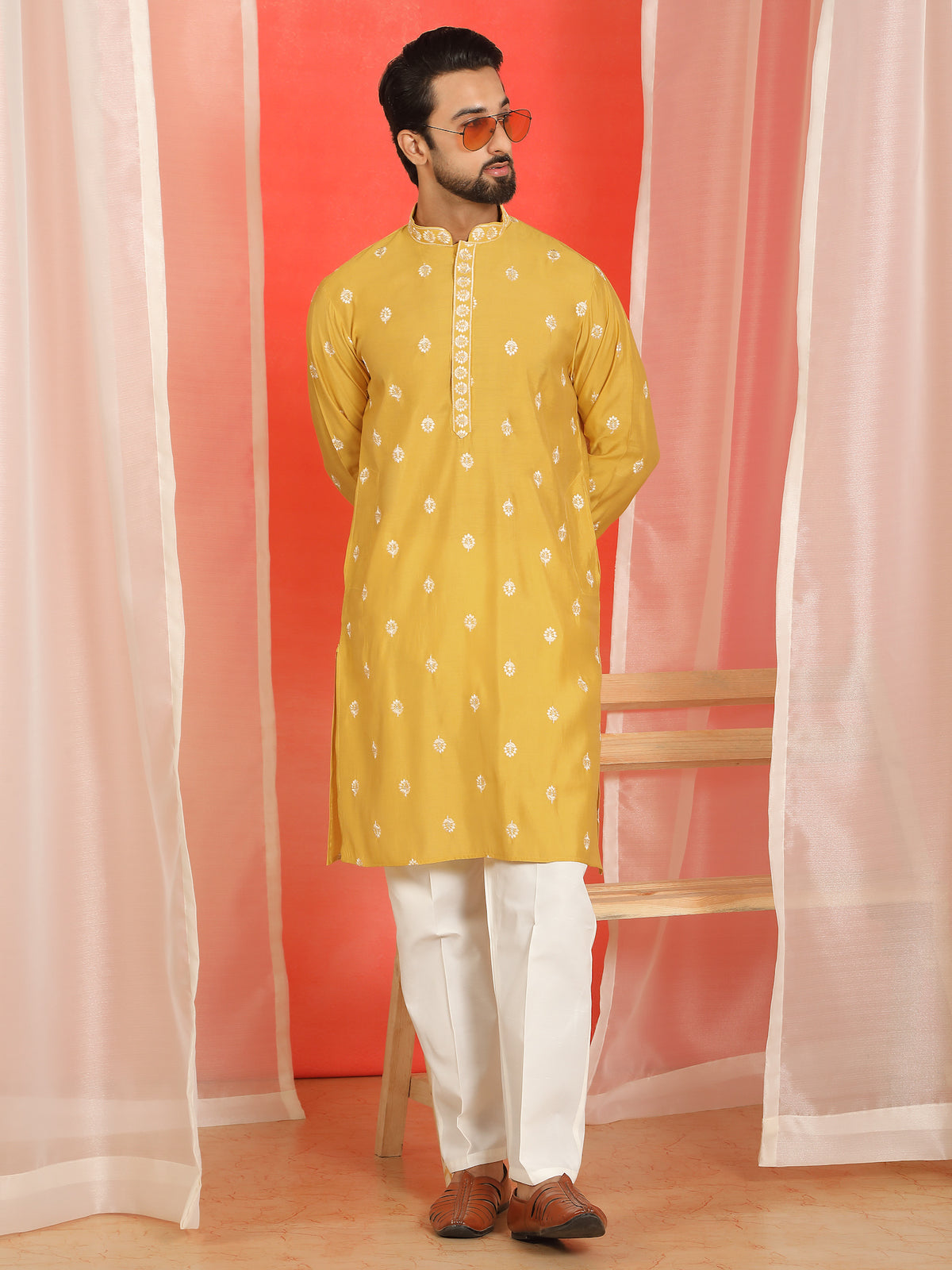 Men Cotton Silk Floral Embroidered Kurta - Yellow