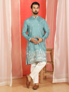 Men Cotton Silk Sequinned Floral Daman Embroidered Straight Kurta with Trouser Set - Blue