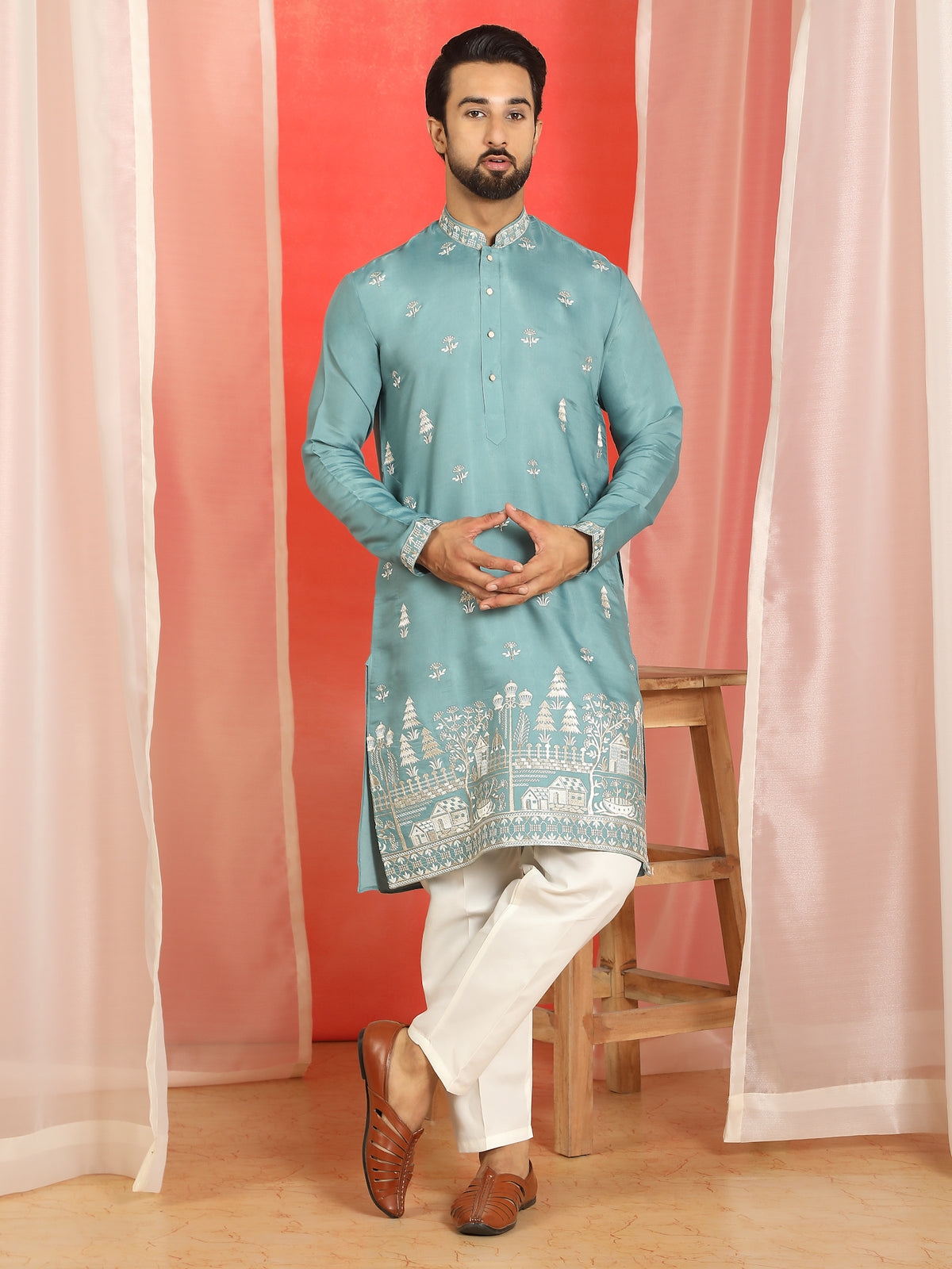 Men Cotton Silk Sequinned Floral Daman Embroidered Straight Kurta with Trouser Set - Blue