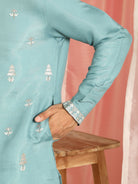 Men Cotton Silk Sequinned Floral Daman Embroidered Straight Kurta with Trouser Set - Blue