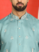 Men Cotton Silk Sequinned Floral Daman Embroidered Straight Kurta with Trouser Set - Blue